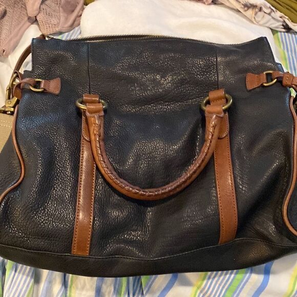 Margot leather navy and brown satchel w/ hand straps and cross body canvas strap - Picture 3 of 6